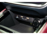 小物の収納に便利なセンタートレイには携帯等のデバイスの充電可能なUSB出力電源付です。