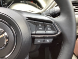 ハンドルの右側にはレーダークルーズコントロールのスイッチがございます。車速や車間を好みに合わせて設定頂き定速走行や追従を行います。