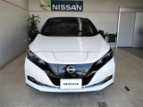 ■日産らしさを引き立てるフロントマスクの大きなVモーショングリル。NISSANロゴの上部に通常と急速、どちらも備えた充電口があります。