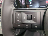 ステアリング左側に配置されたオーディオコントロールスイッチ。運転中もハンドルから手を離すことなく、音量調整や曲送りなどの操作がスムーズに行える利便性の高い装備です。