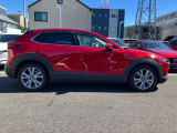 CX-30のサイドビューは、S字型の面による光の移ろいや、流麗なクーペ風のシルエットが特徴です。