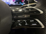 ステアリングボタンは、使いやすいデザインでございます。ステアリング付近のレバーや、ステアリングボタンで追従機能の操作も可能でございます。